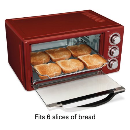 Red toaster oven with toast
