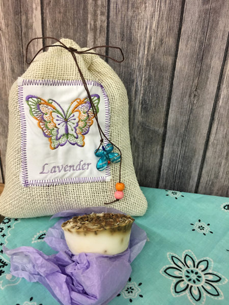 cream lavender bag with turquoise butterfly, orange and pink bead