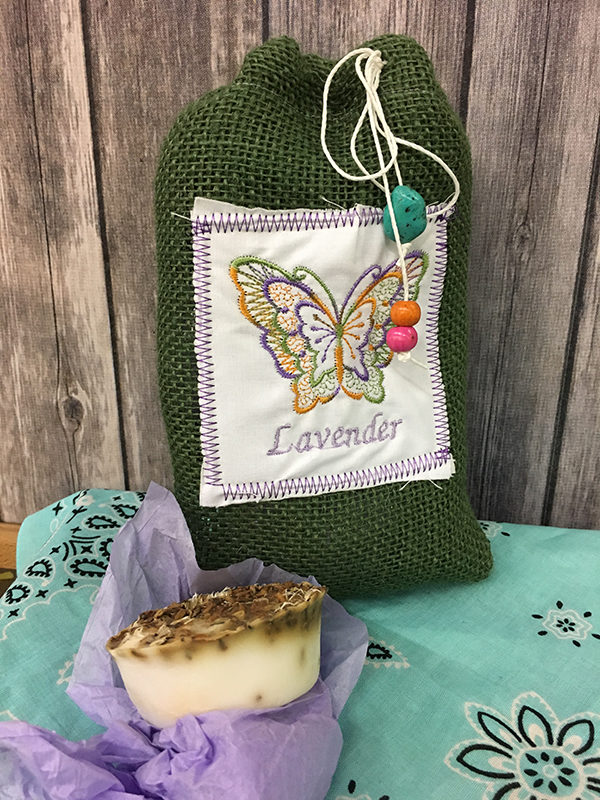 green lavender bag with pink orange and turquoise bead wide