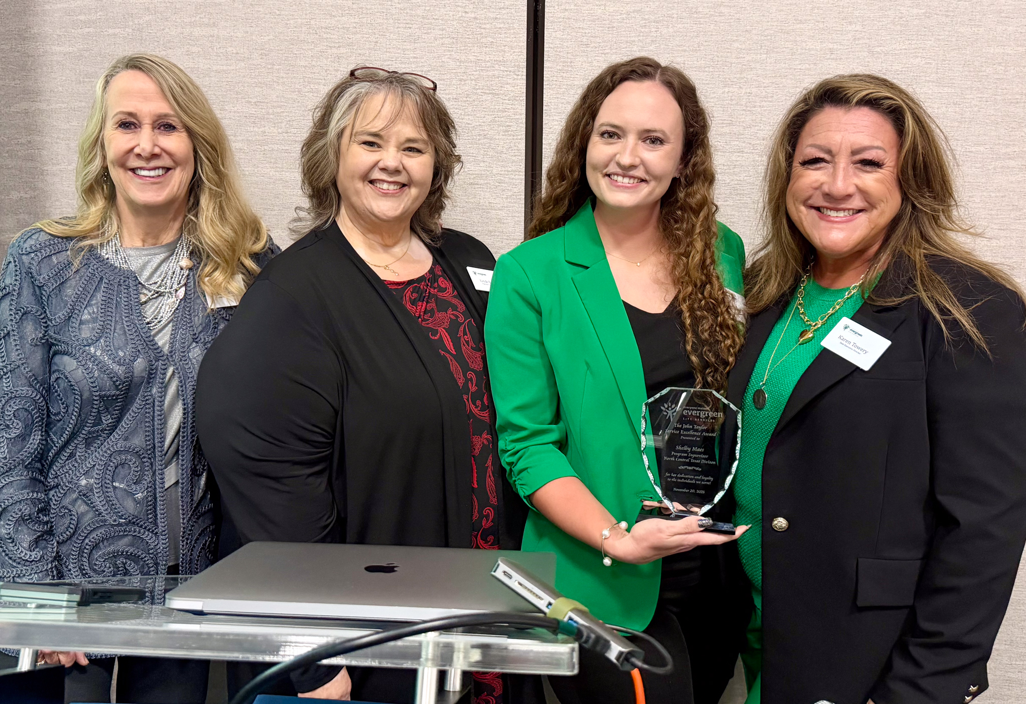 Image from John Taylor Awards (L-R) Dr. Sue Buchholtz, President/CEO; Linda Bailey, Regional Vice President, Western Region; Shelby Maes, Program Coordinator, North Central Texas Division; and Karen Towery, State Executive Director, Texas